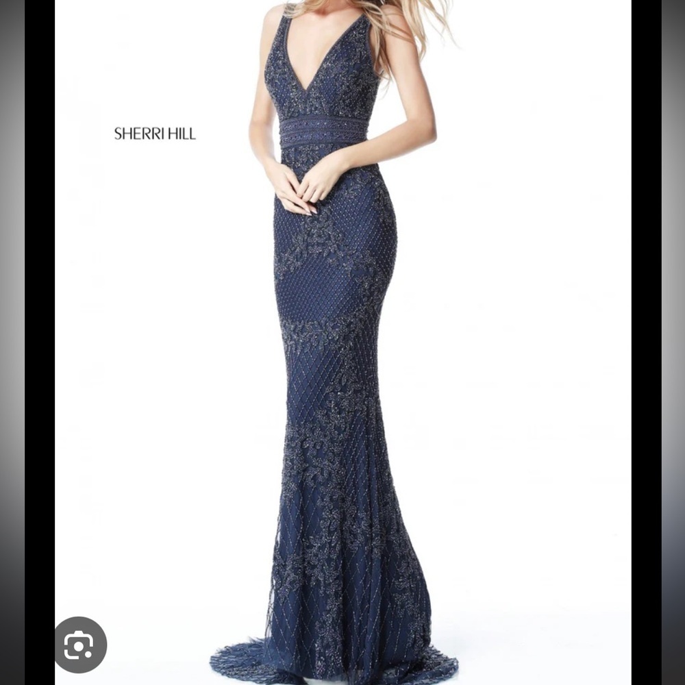 Sherri Hill 51475 Navy Blue Heavy Beaded Formal Gown